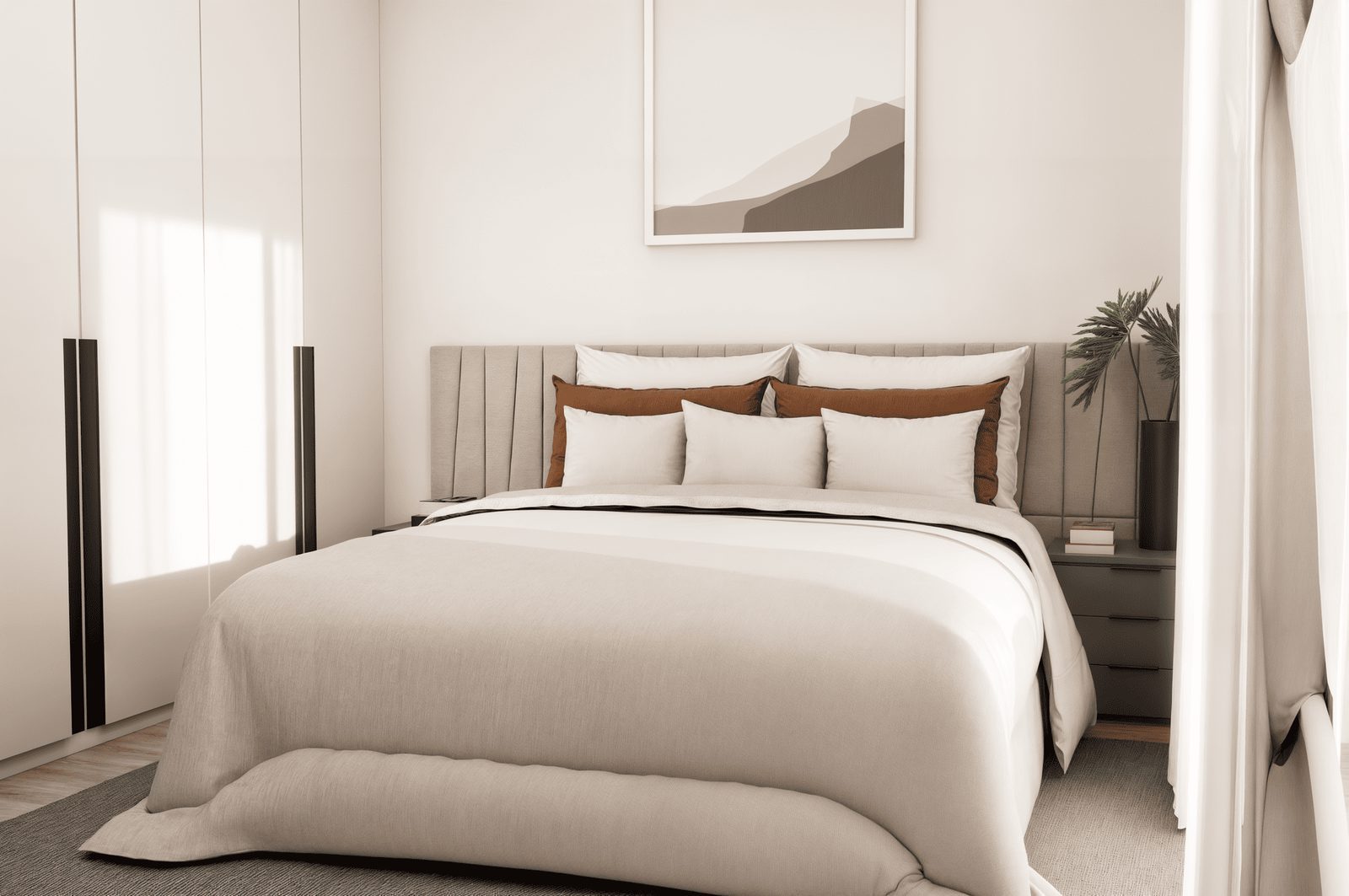 A stylish bedroom with a large bed and modern decor in a 2-bedroom penthouse in Finestrat - The Estates