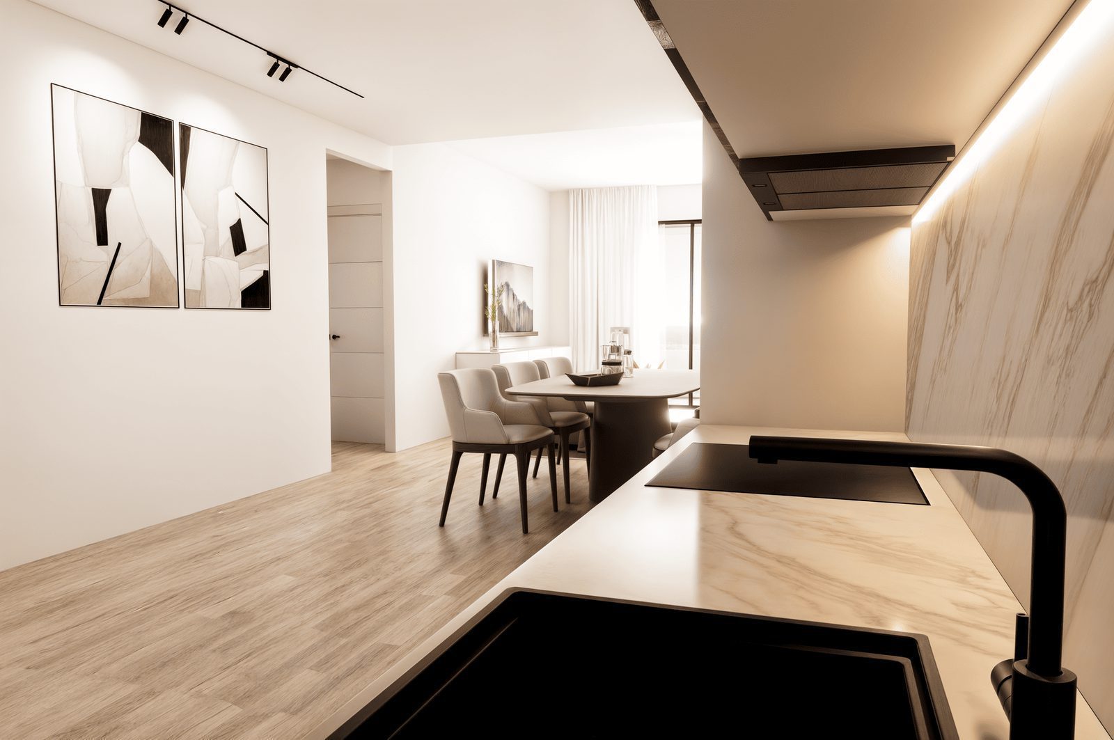 Modern kitchen and dining area with marble accents in a 2-bedroom penthouse in Finestrat - The Estates