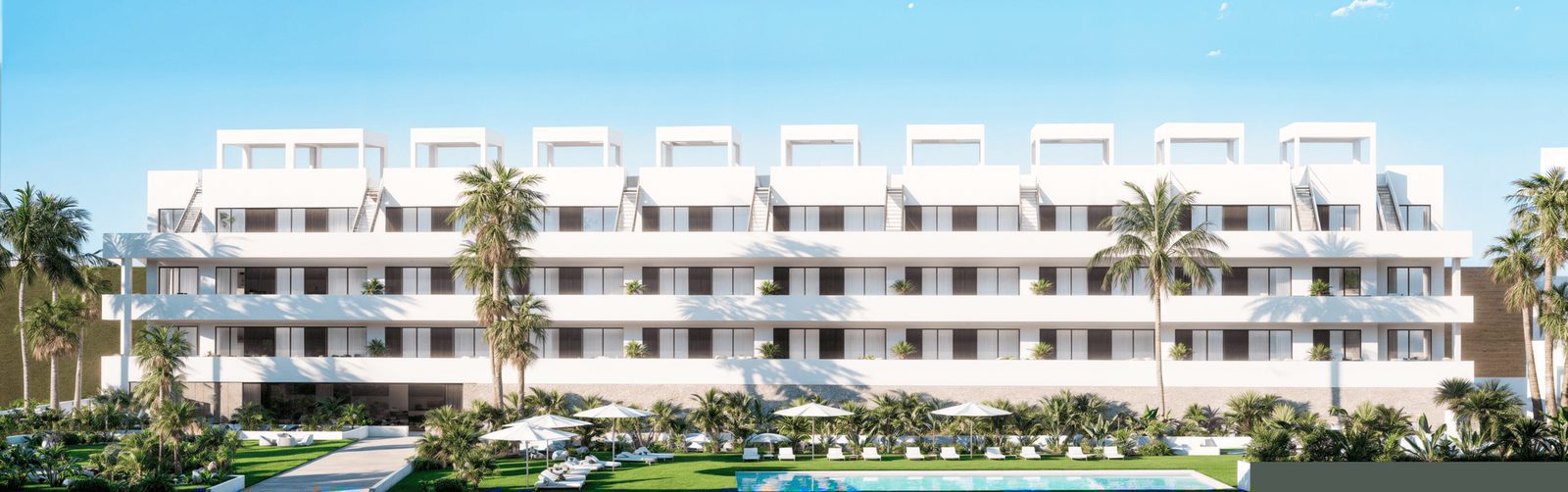 Exterior view of a modern 2-bedroom penthouse with sea views in Balcón de Finestrat - The Estates