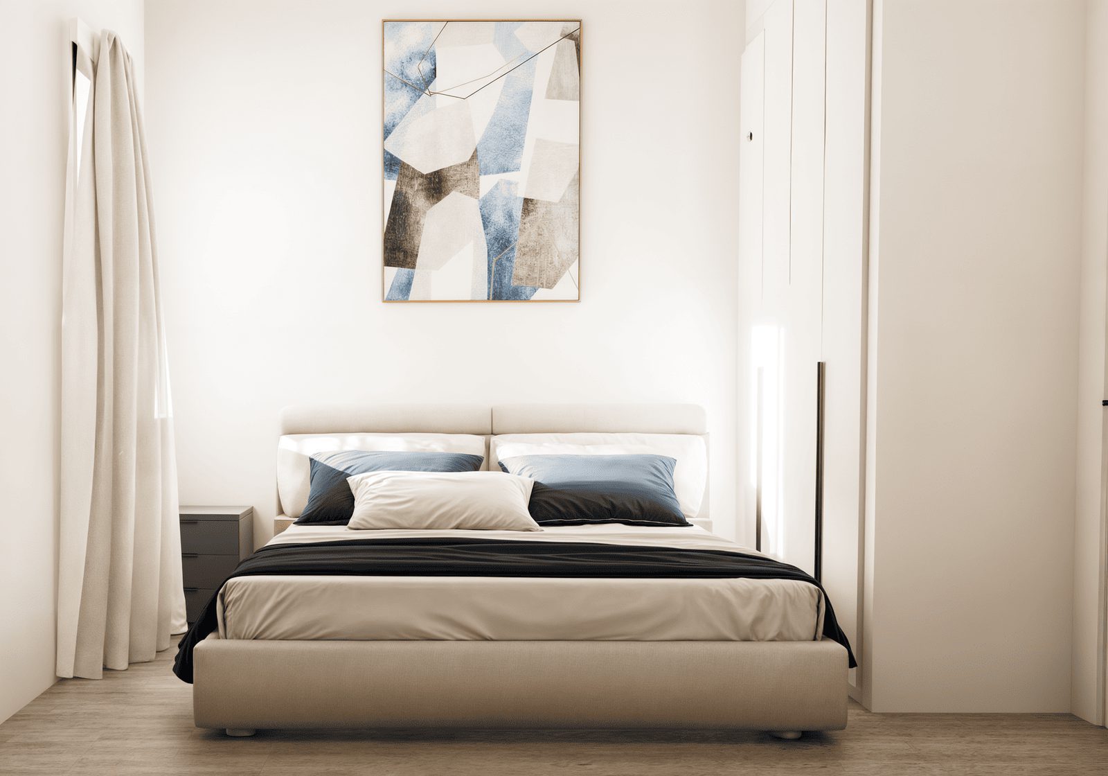 A modern bedroom interior with a large bed and artwork in a 2-bedroom penthouse in Finestrat - The Estates