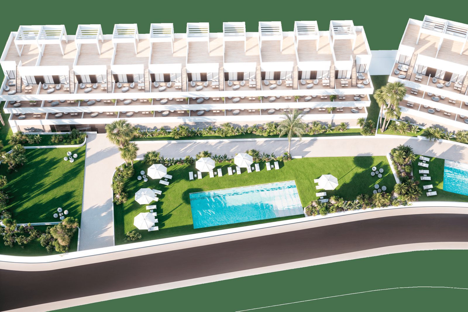 Aerial view of the complex and pool area of a 2-bedroom penthouse in Finestrat - The Estates