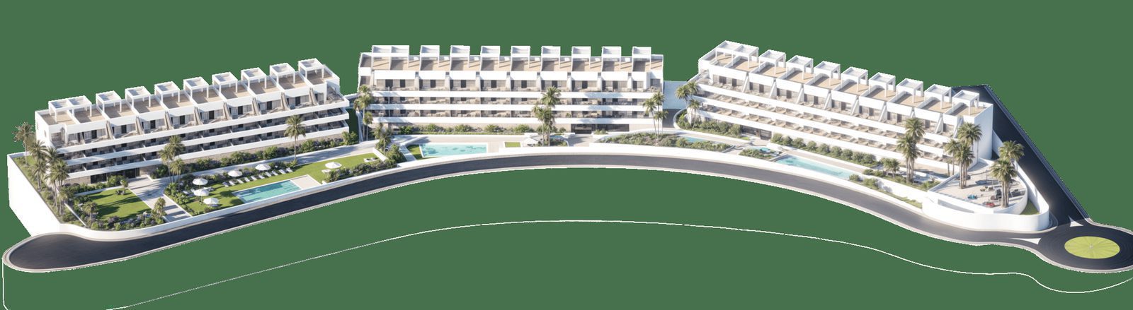 An aerial view of the modern penthouse complex and its pool area in Finestrat - The Estates