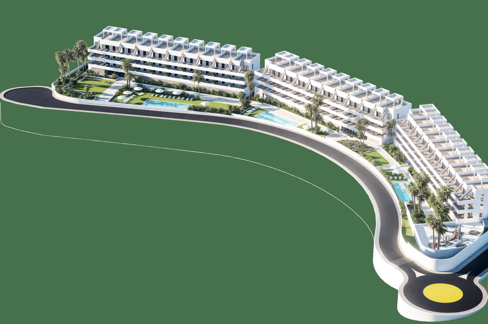 An aerial view of the modern complex and pool area of a 2-bedroom penthouse in Finestrat - The Estates