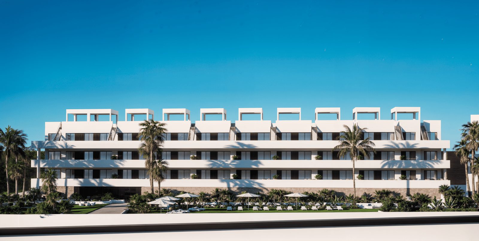 Exterior view of a modern 2-bedroom penthouse with sea views in Balcón de Finestrat - The Estates