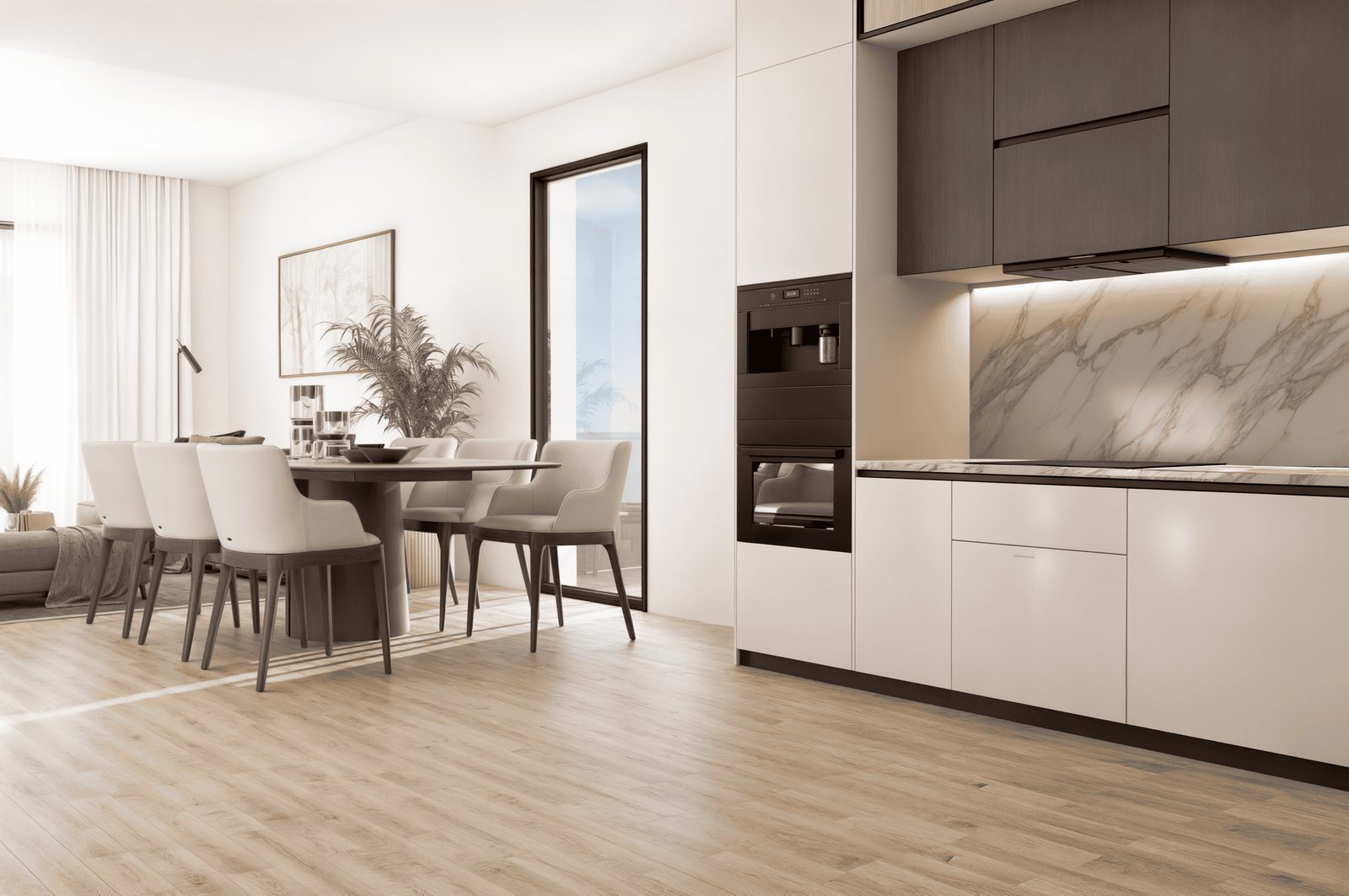 Modern kitchen and dining area with sea views in a 2-bedroom penthouse in Finestrat - The Estates