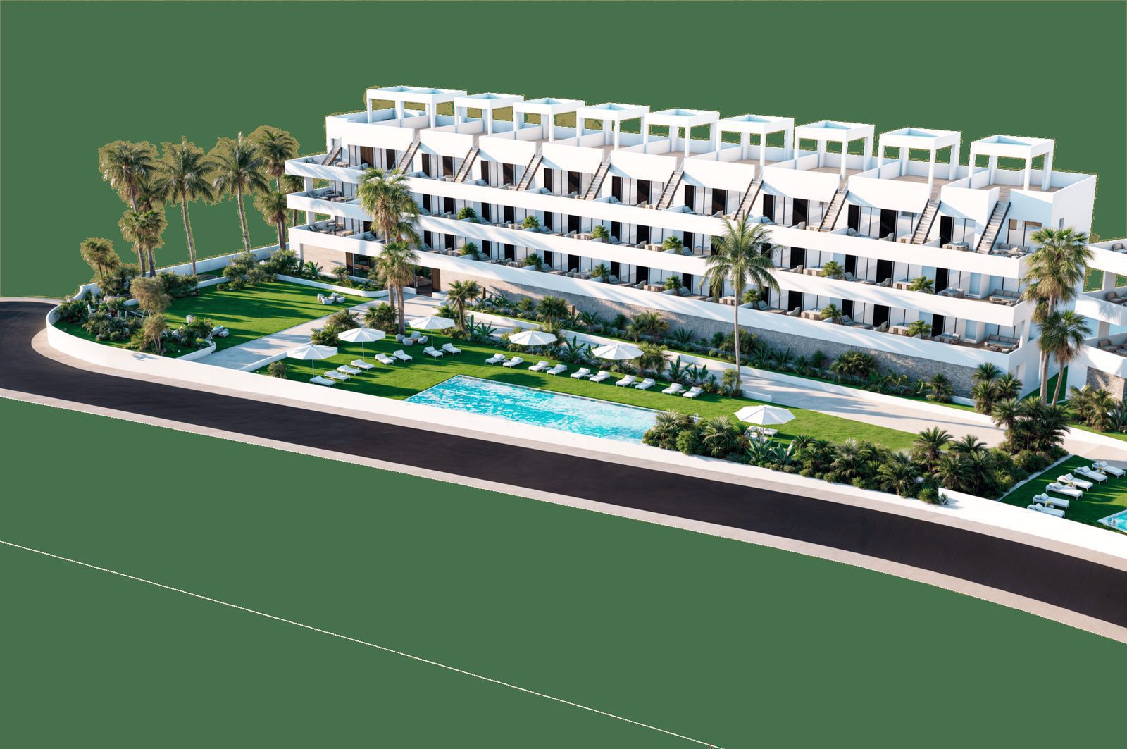 Exterior view of a modern penthouse complex with a pool and gardens in Finestrat - The Estates