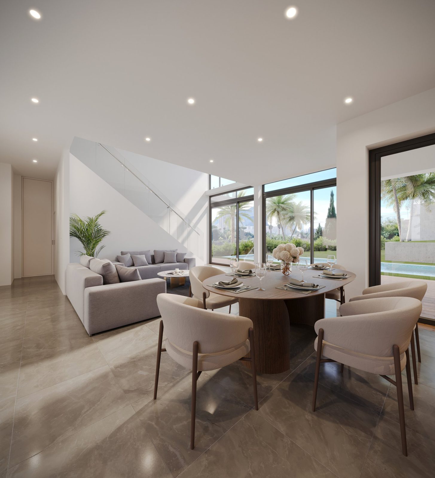 Stylish living and dining area with garden views in a 3-bedroom villa in Calpe - The Estates