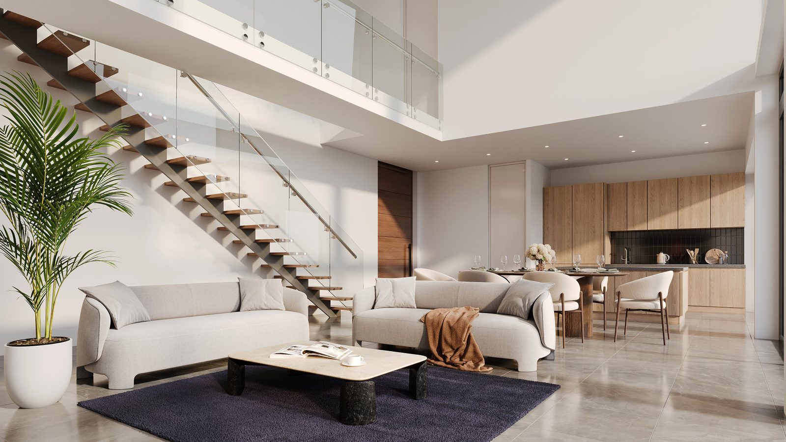 Stylish living room with modern staircase in a 3-bedroom villa in Calpe - The Estates