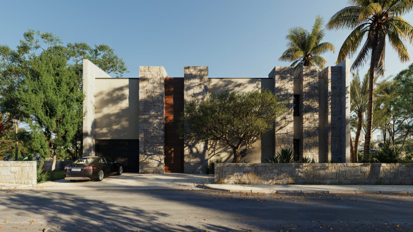 Exterior view of a modern 3-bedroom villa with palm trees and a driveway in Calpe - The Estates