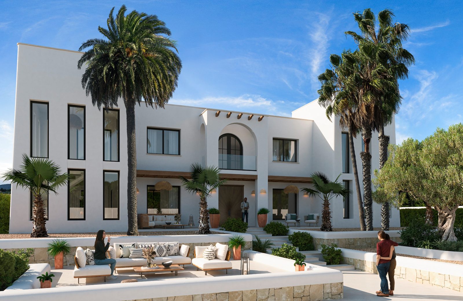 Modern white villa with arched entrance, palm trees and landscaped outdoor seating in Benidoleig - The Estates