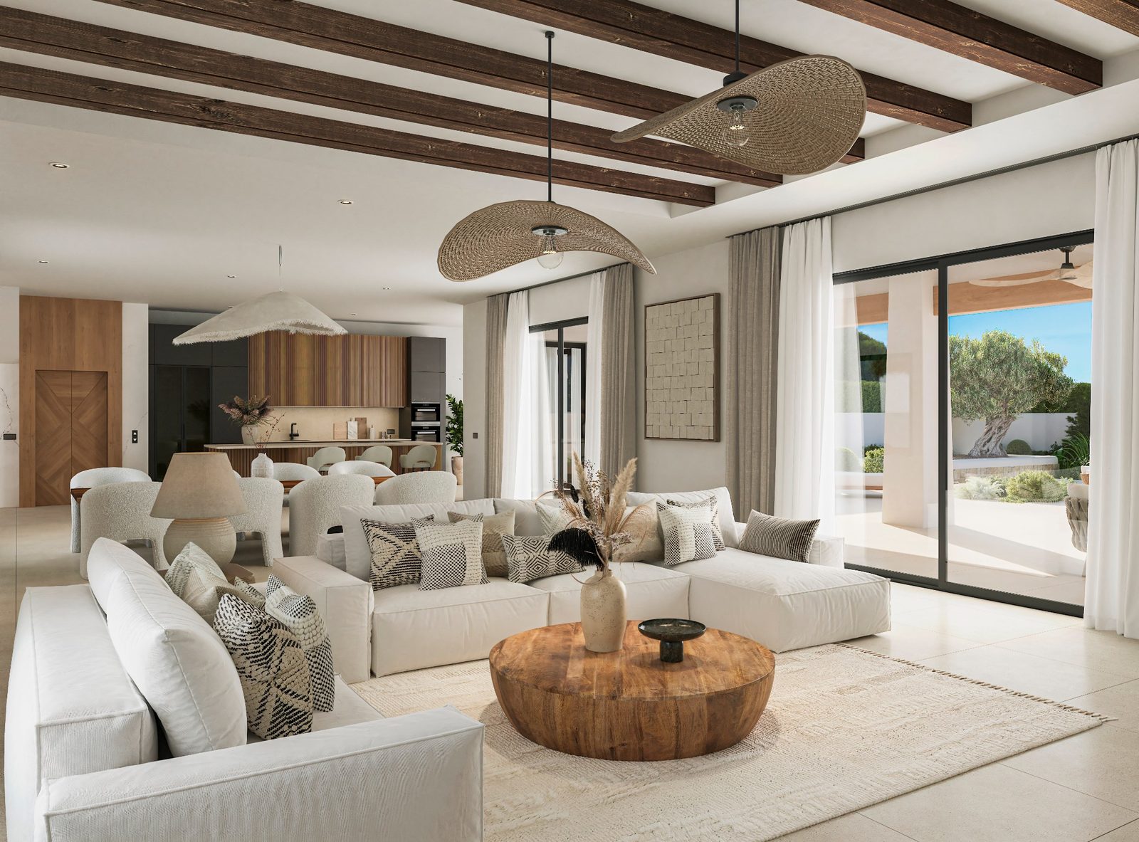 Open-plan living room and kitchen with white sofas, exposed beams and garden access in a 5-bedroom villa in Benidoleig - The Estates