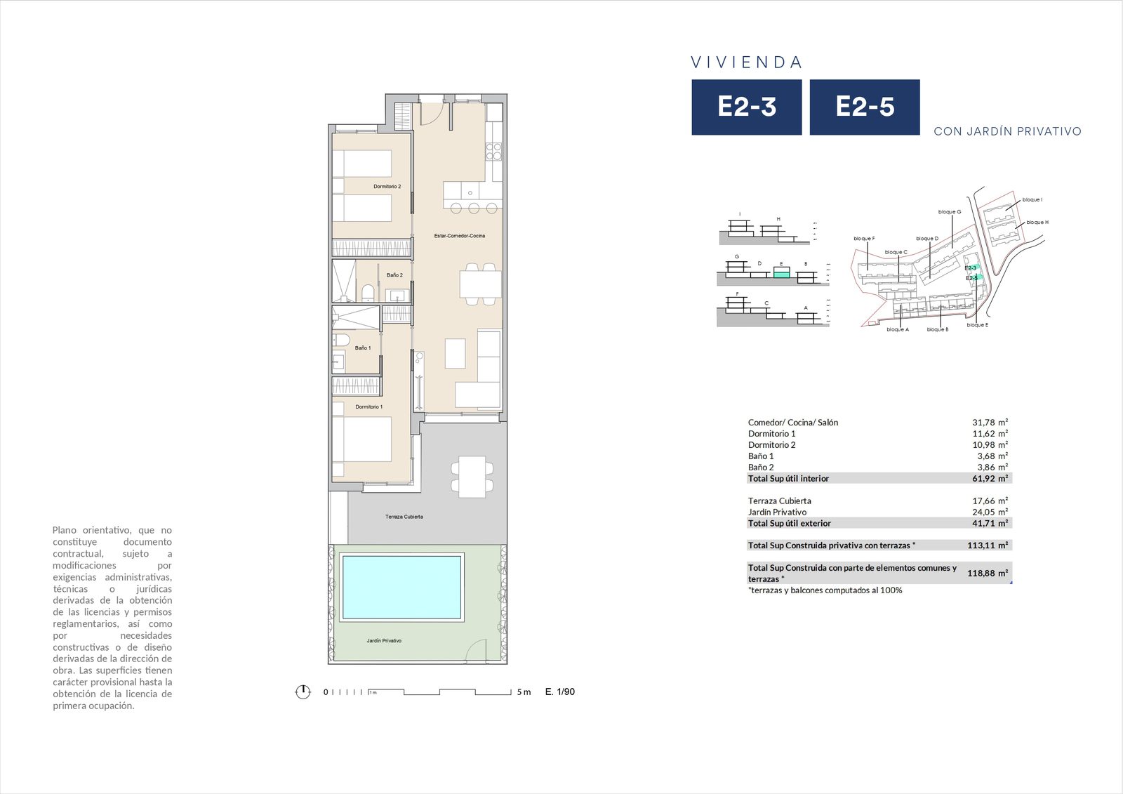 Floor plan of a 2-bedroom apartment with garden and countryside views in Alfaz del Pi - The Estates