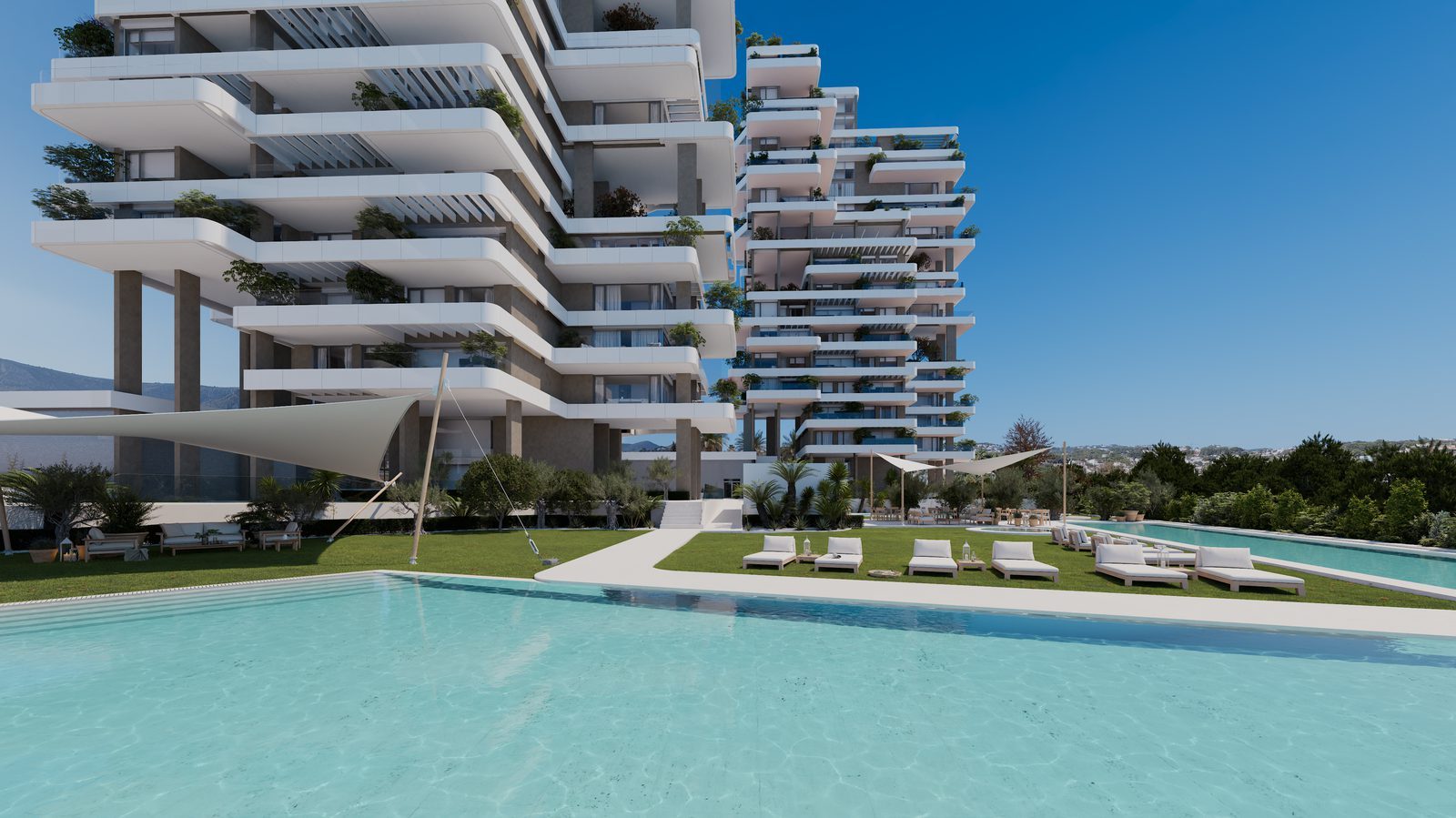 Modern apartment complex with landscaped gardens and swimming pools of a 3-bedroom apartment in Calpe - The Estates