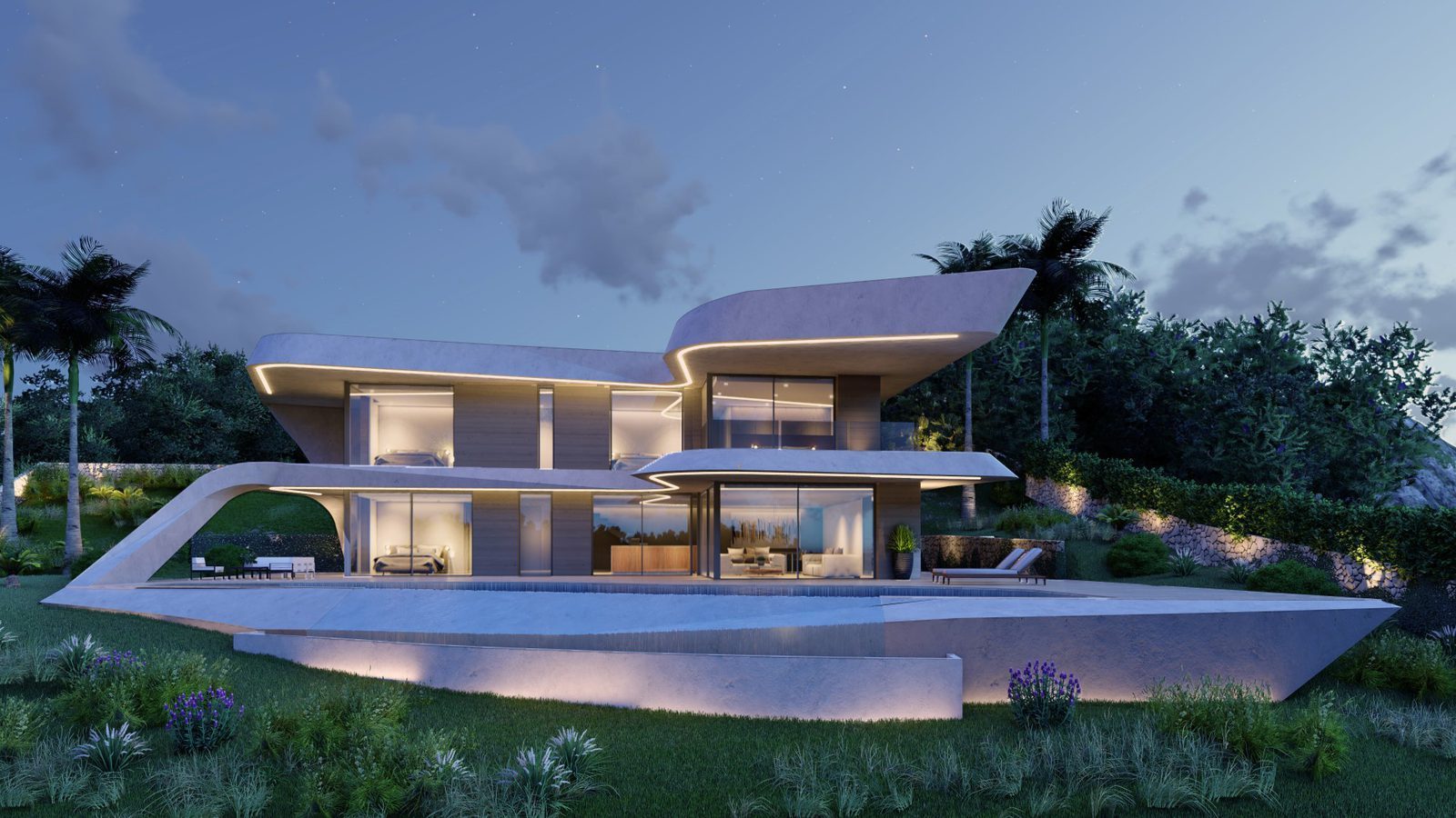 Modern illuminated exterior and gardens of a 4-bedroom villa in Jávea