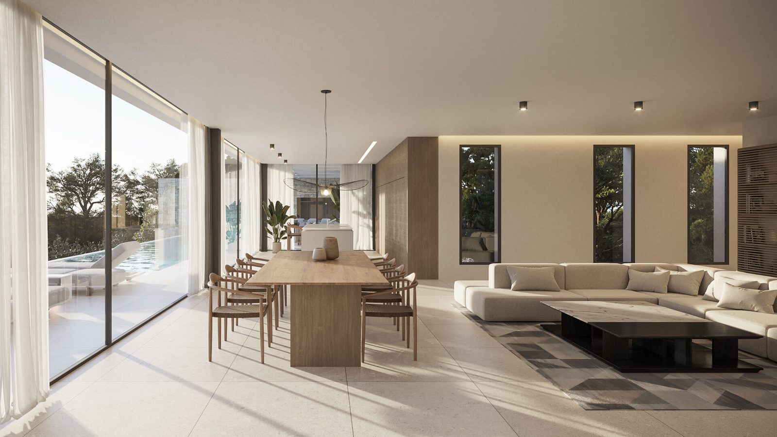 Modern open-plan living and dining room with pool views of a 4-bedroom villa in Moraira — The