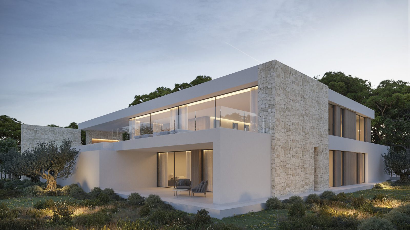 Modern stone-clad exterior of a 4-bedroom villa in Moraira - The Estates