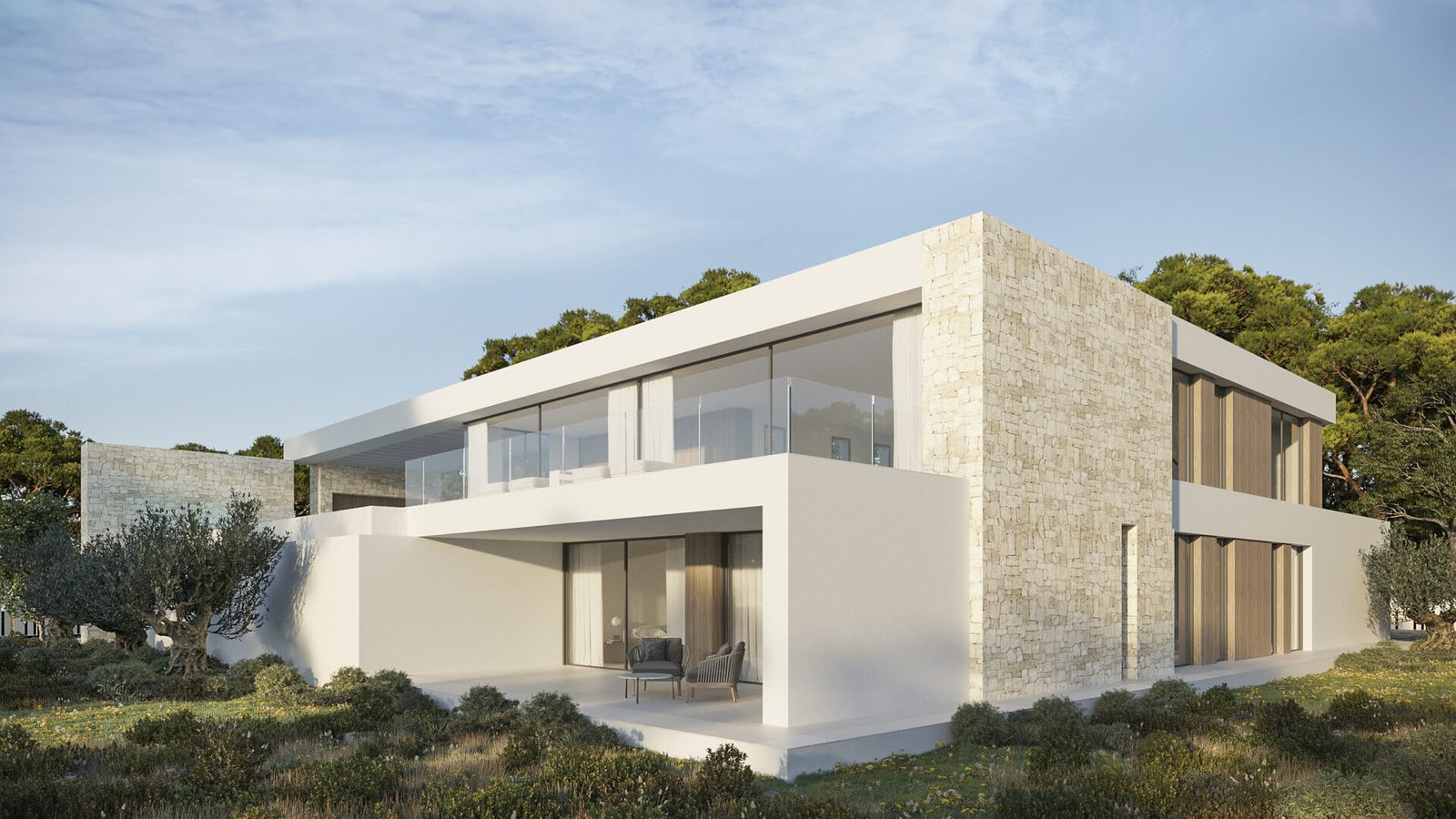 Modern stone and glass exterior of a 4-bedroom villa in Moraira - The Estates