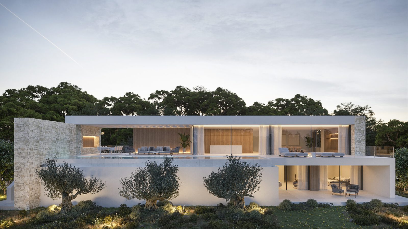 Modern contemporary villa exterior with pool, terraces and landscaped garden in San Jaime, Moraira - The Estates