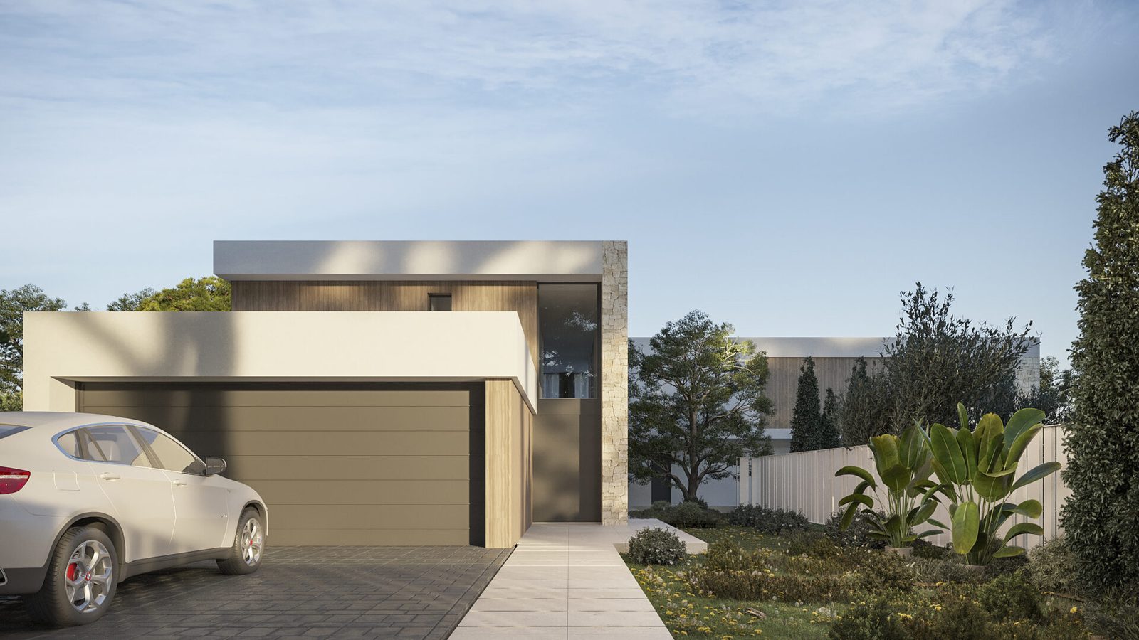 Modern villa frontage with garage,