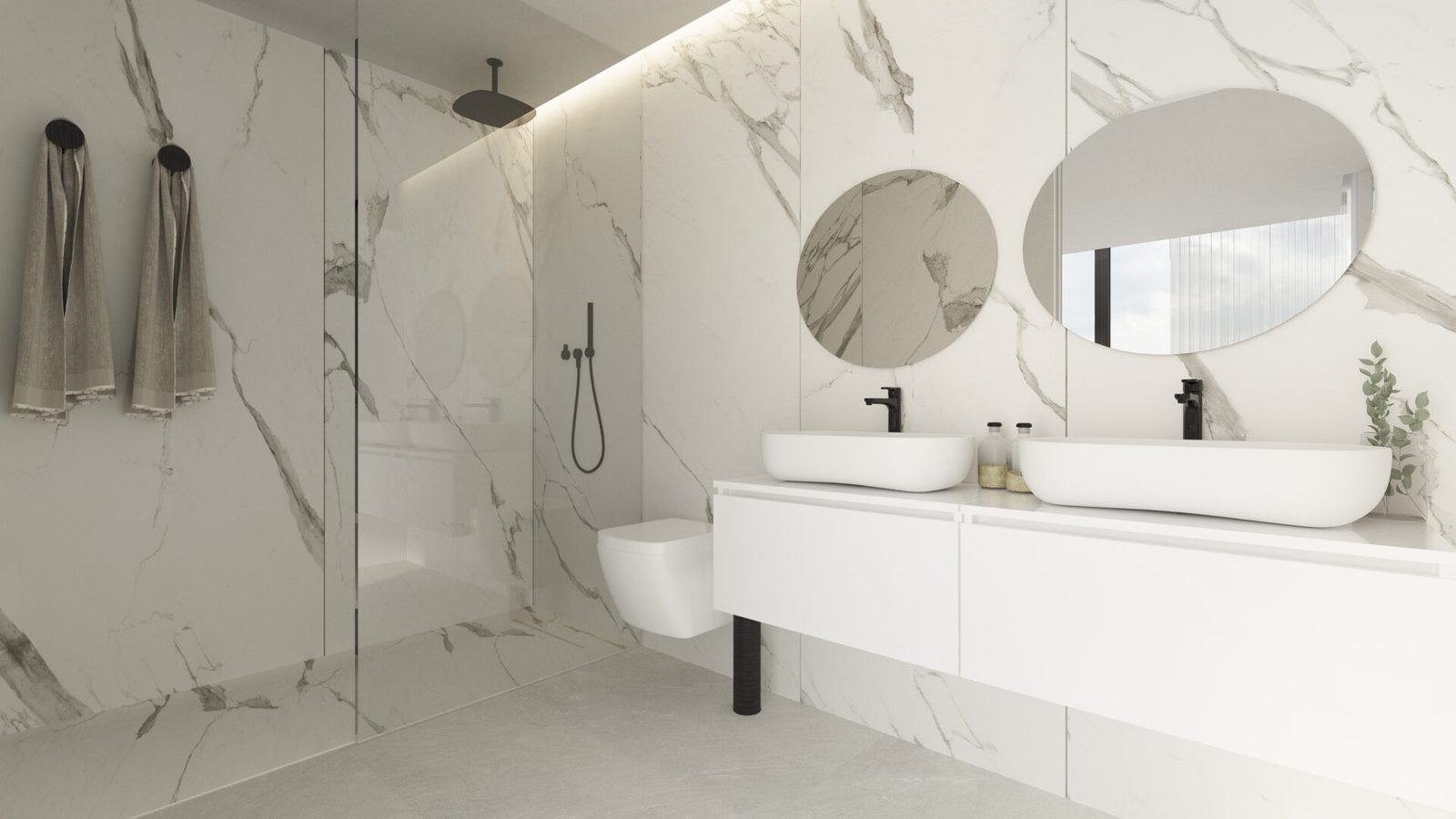 Modern marble bathroom with double vanity and walk-in shower in a 4-bedroom villa in Moraira - The Estates