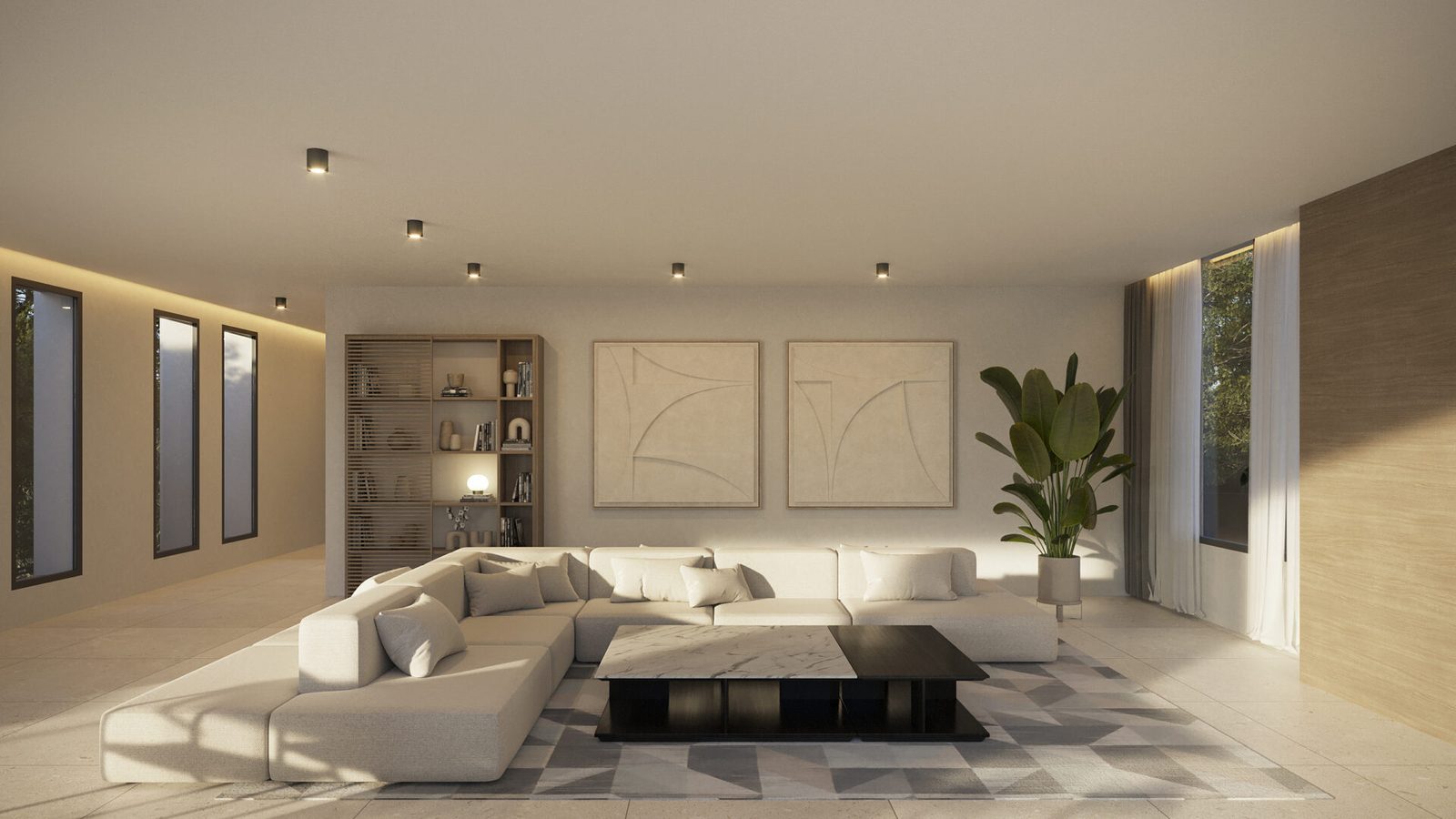 Contemporary living room with sectional sofa, coffee table and shelving of a 4-bedroom villa in Moraira