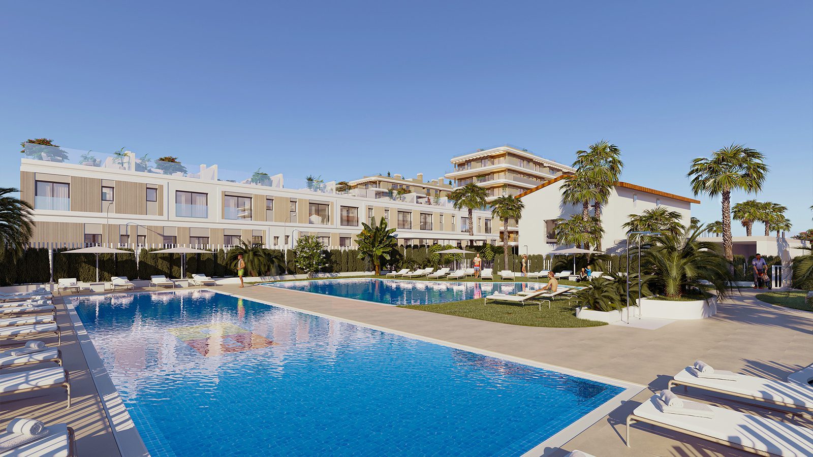 Resort-style pool area with sun loungers, palm trees and modern apartment buildings in El Puig - The Estates