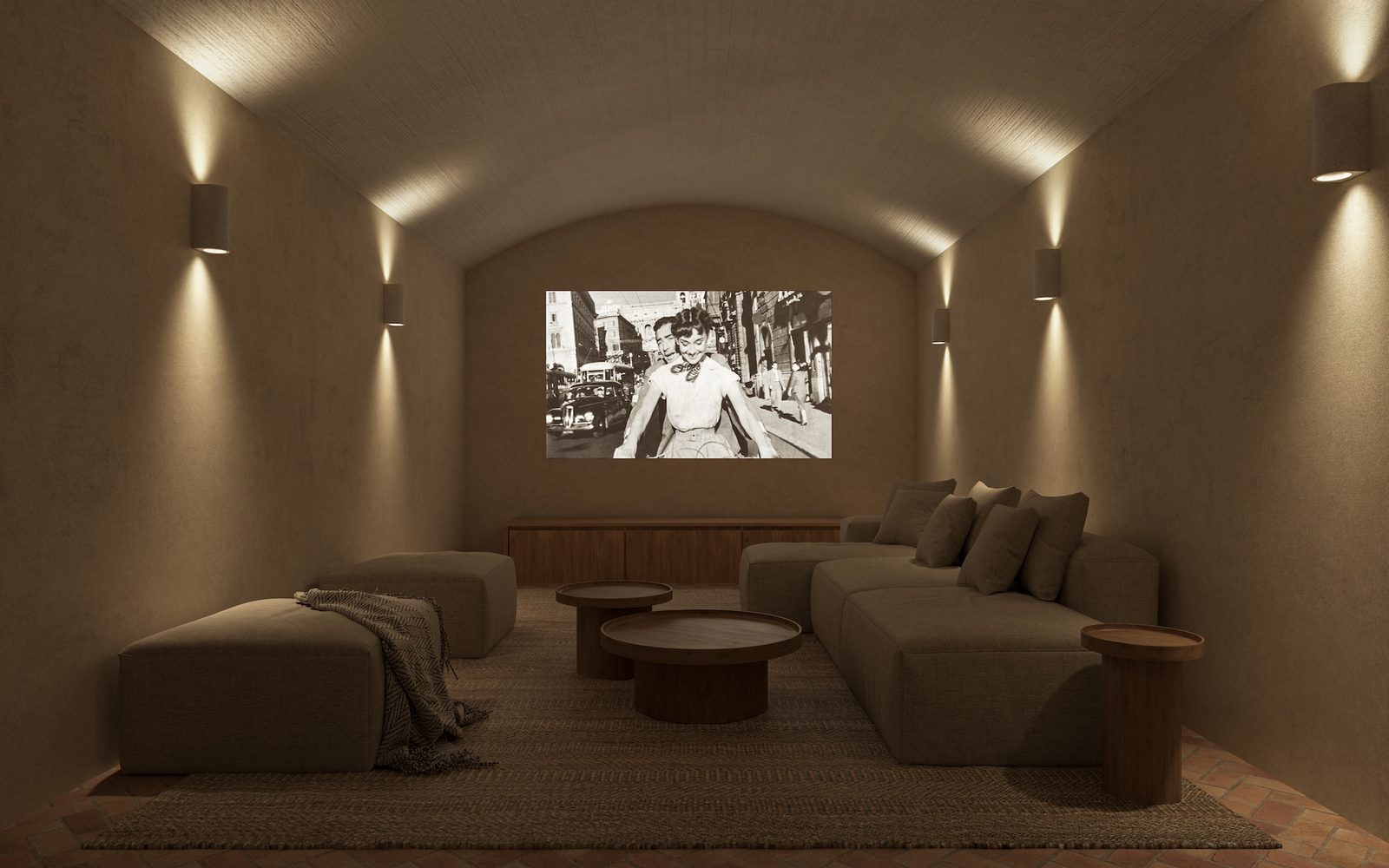 Cinema room with curved ceiling,