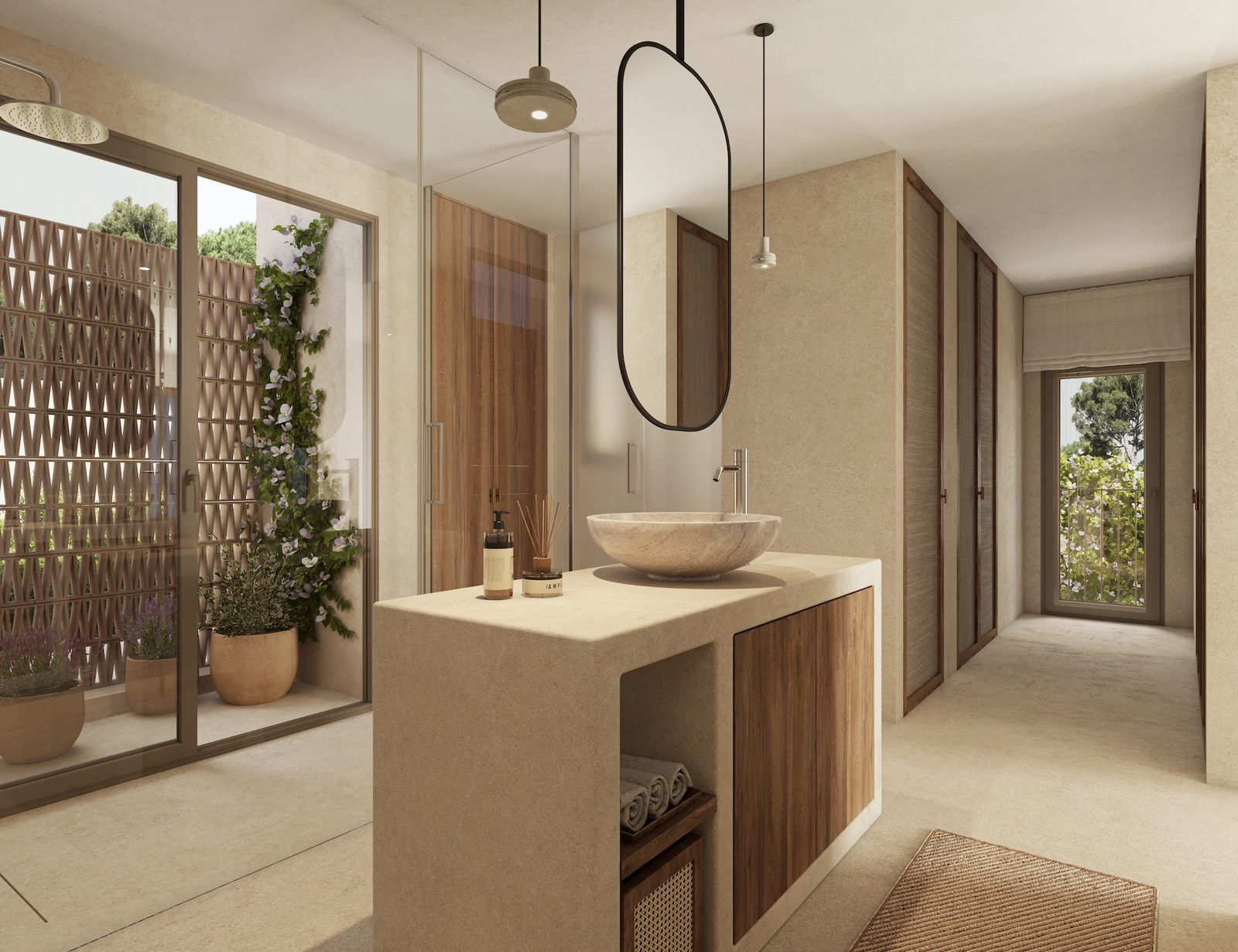Contemporary bathroom with stone vanity, vessel sink and garden views of a 4-bedroom villa in Benissa - The Estates