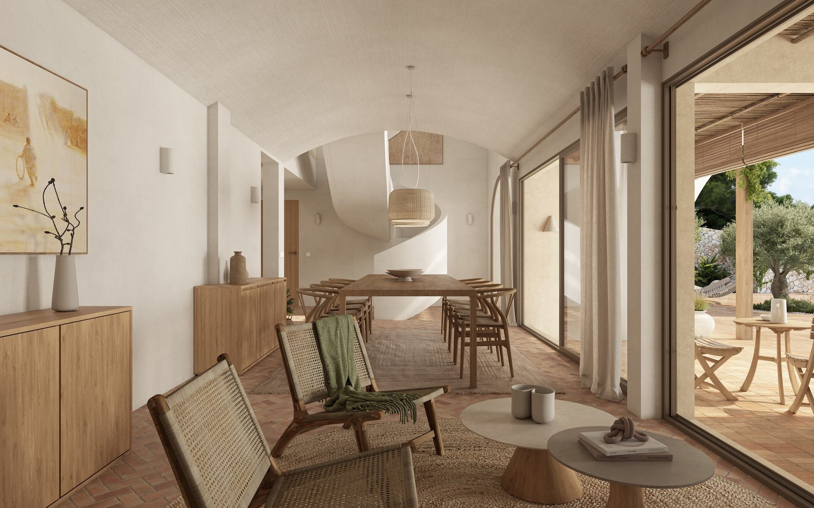 Open-plan living and dining room with rattan furnishings, curved staircase and garden terrace of a 4-bedroom villa in Benissa - The Estates