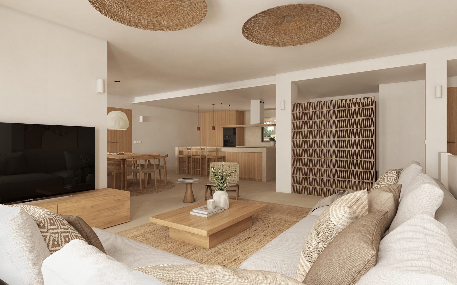 Open-plan living room, dining area and kitchen of a 4-bedroom villa in Benissa - The Estates
