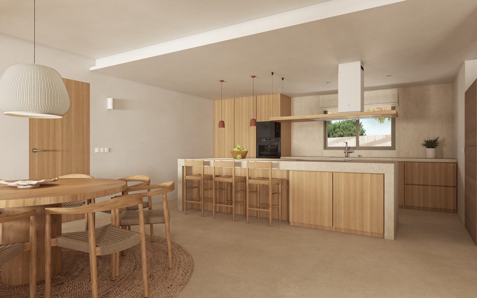 Open-plan kitchen and dining area with wooden cabinetry and island in a 4-bedroom villa in Benissa - The Estates