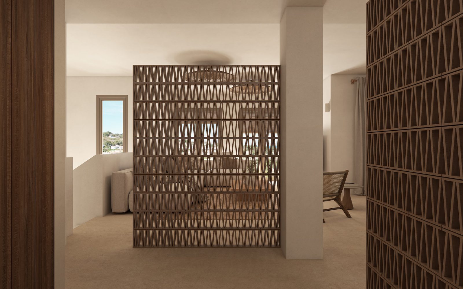 Interior with decorative wooden screens and sea views of a