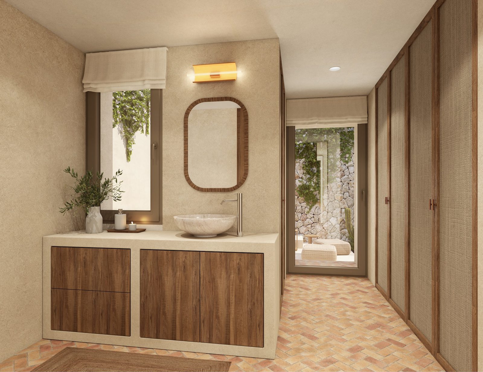 Interior bathroom vanity with basin, mirror and wood cabinetry of a 4-bedroom villa in Benissa — The