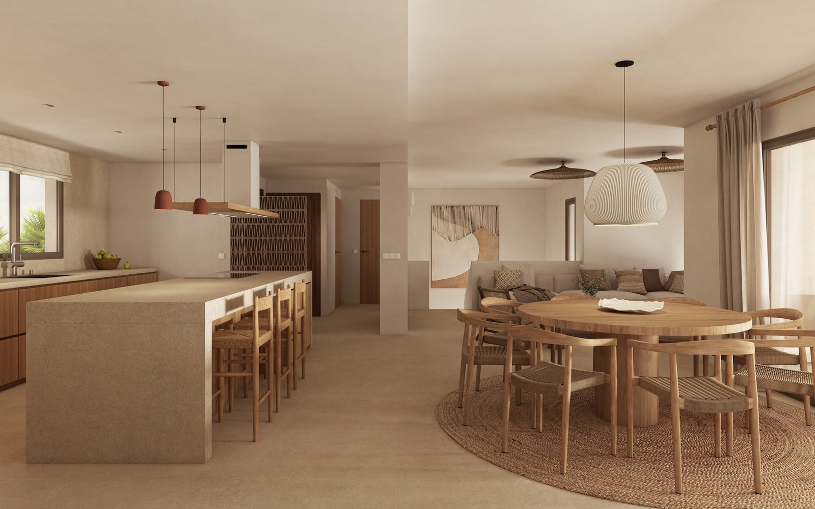 Open-plan kitchen, dining and living area with island, wooden furnishings and sea views in La Fustera, Benissa of a 4-bedroom villa in Benissa - The Estates