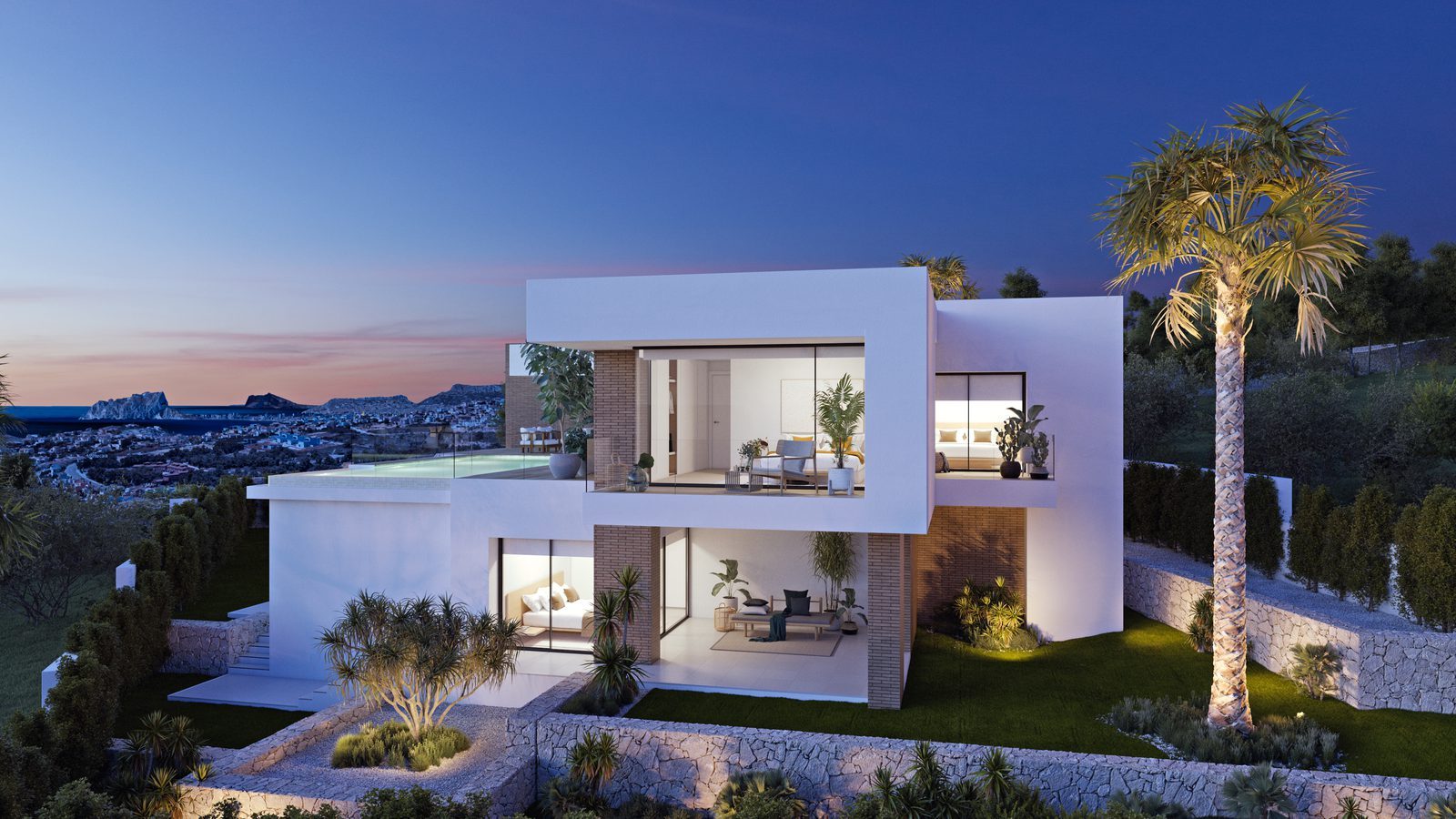 Modern villa exterior with pool and panoramic sea views
