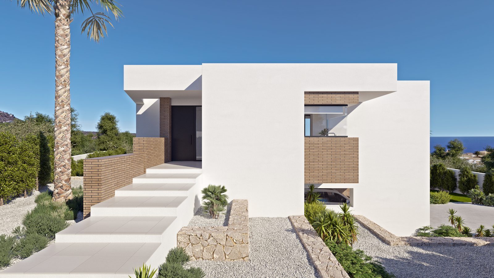 Modern villa entrance with landscaped terraces and sea views in Cumbre del Sol, Benitachell - The Estates