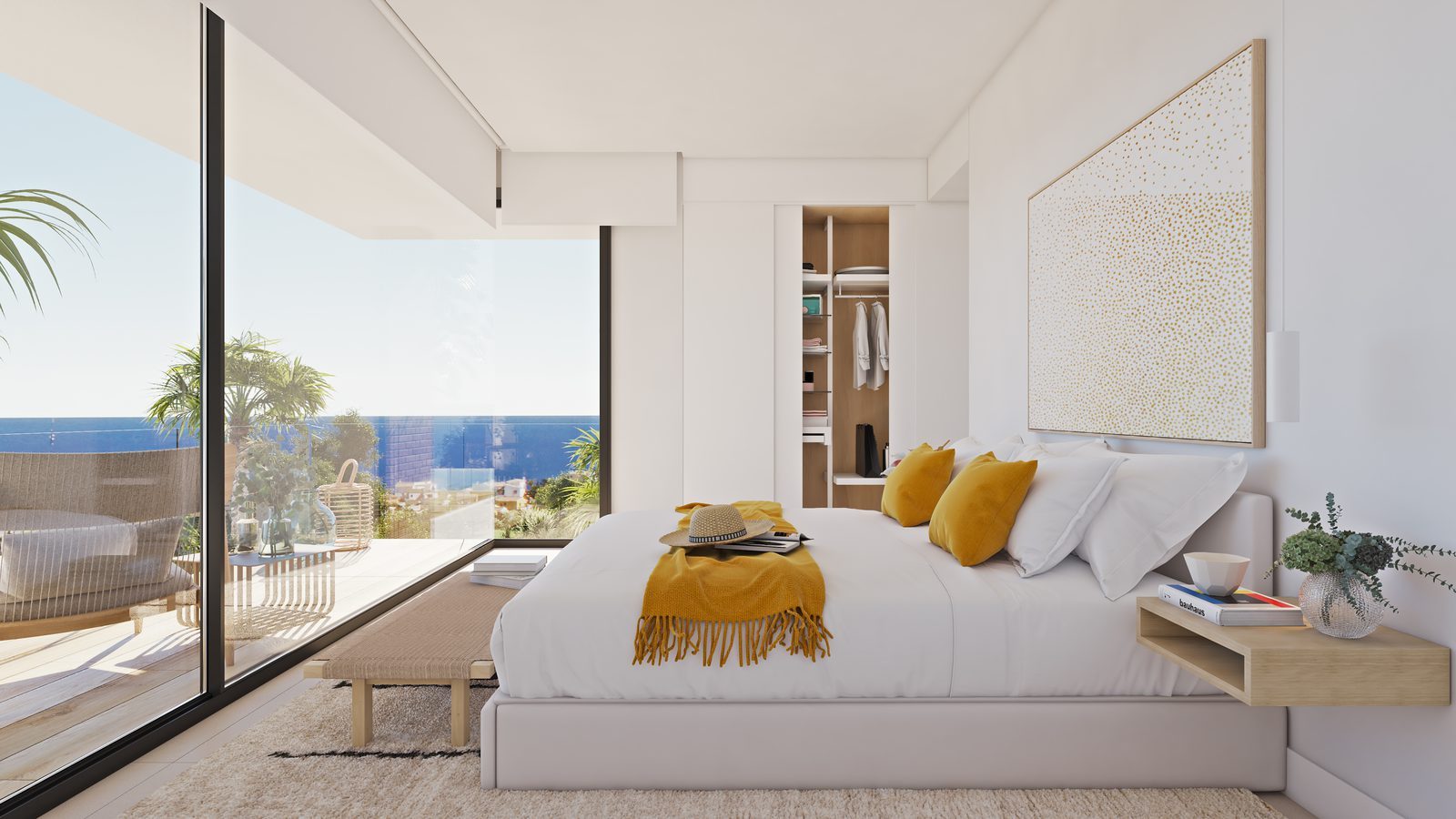 Bright bedroom with panoramic sea views of a 3-bedroom villa in Benitachell - The Estates