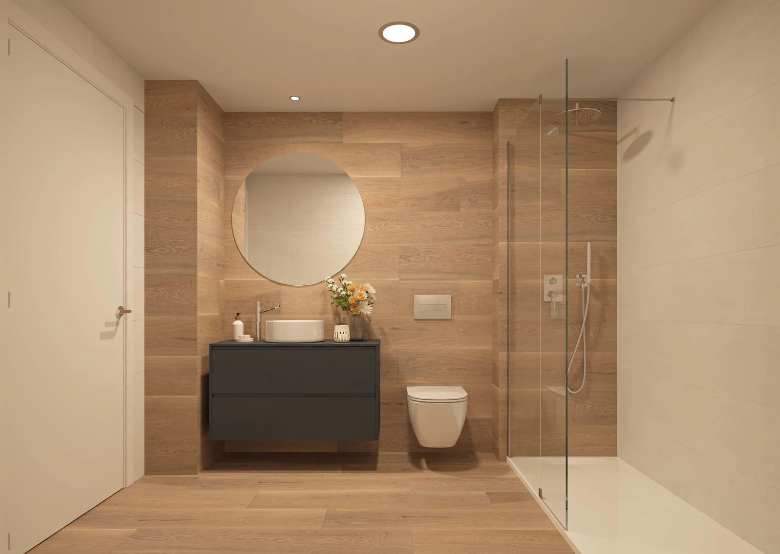 A modern bathroom with wood-look tiling and a round mirror in a 3-bedroom townhouse in El Verger - The Estates