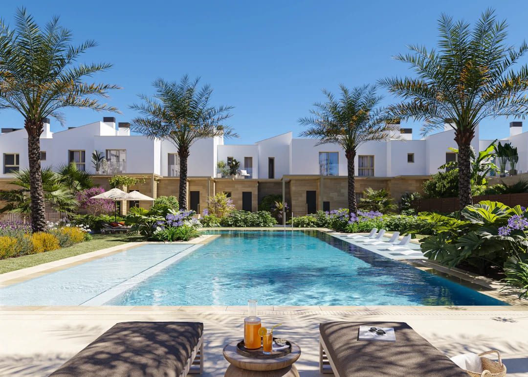 A swimming pool and garden view of a 3-bedroom townhouse in El Verger - The Estates