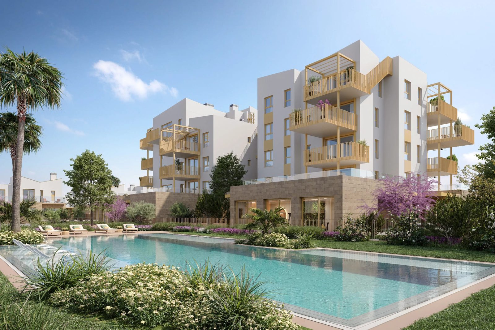 Exterior view of a 3-bedroom townhouse with a pool and garden in El Verger - The Estates