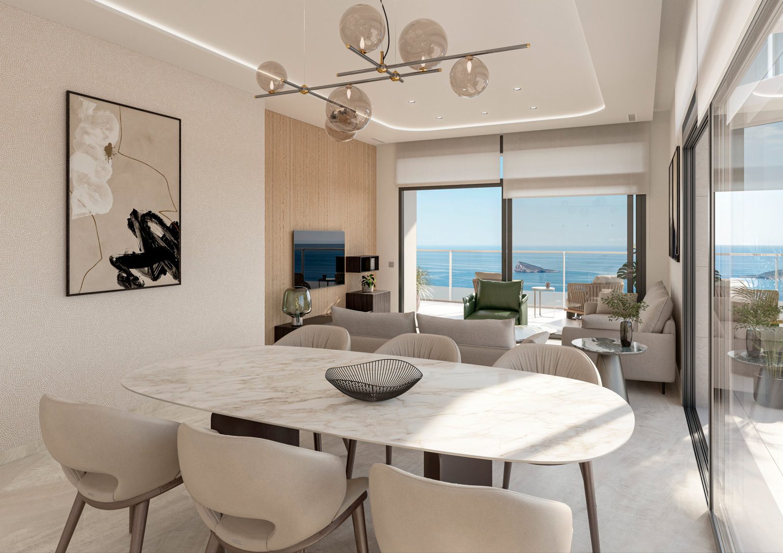 Stylish living and dining area with sea views in a 4-bedroom apartment in Benidorm - The Estates