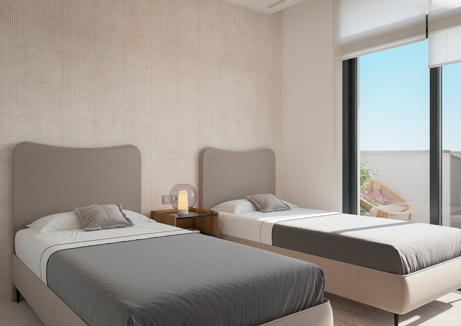 Stylish bedroom interior with twin beds and a view of the sea in a 4-bedroom apartment in Benidorm - The Estates