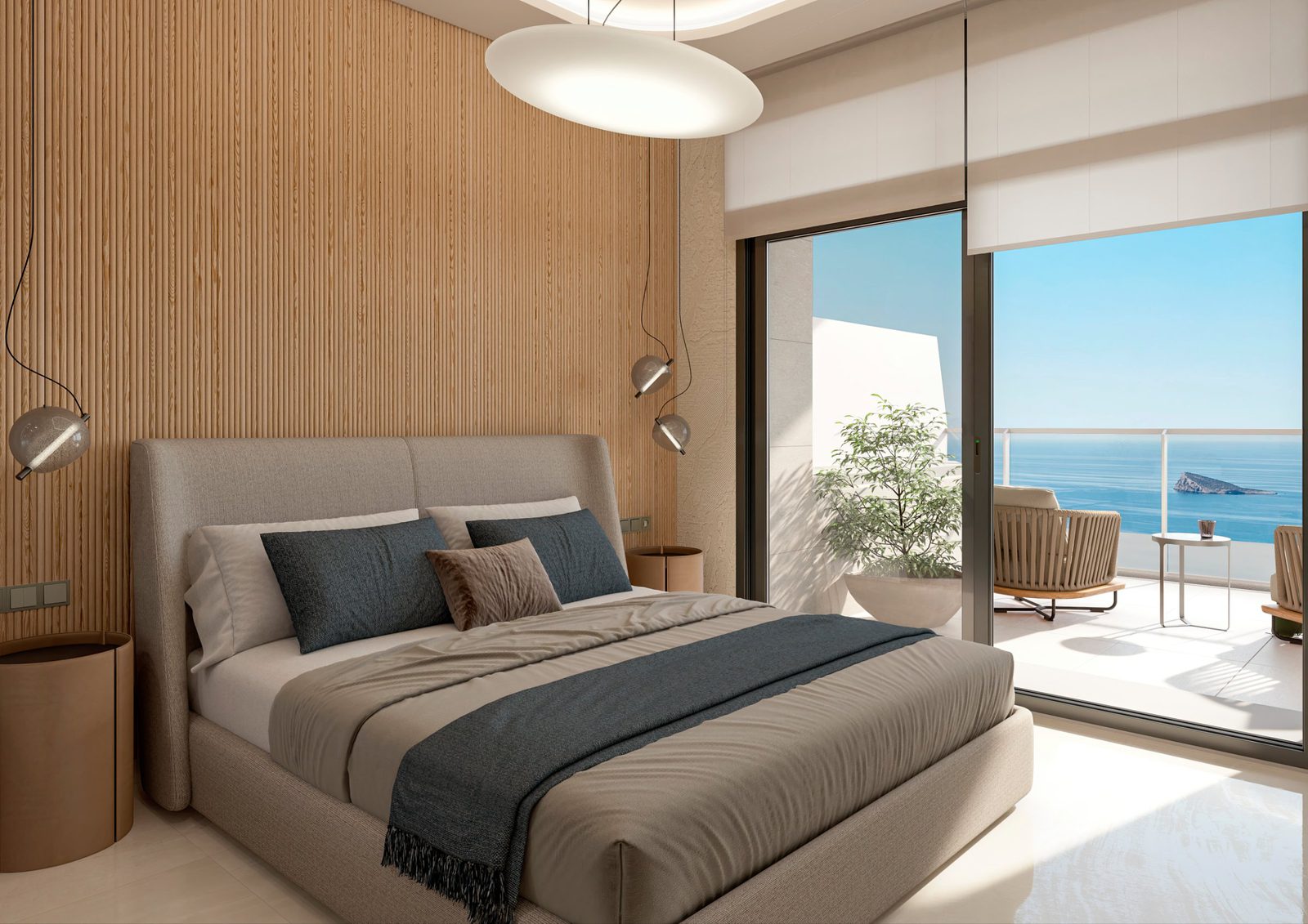 A modern bedroom with sea views from a 4-bedroom apartment in Benidorm - The Estates