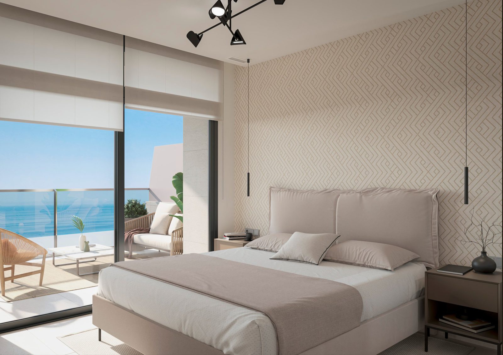 A stylish bedroom with a balcony and sea views in a 4-bedroom apartment in Benidorm - The Estates