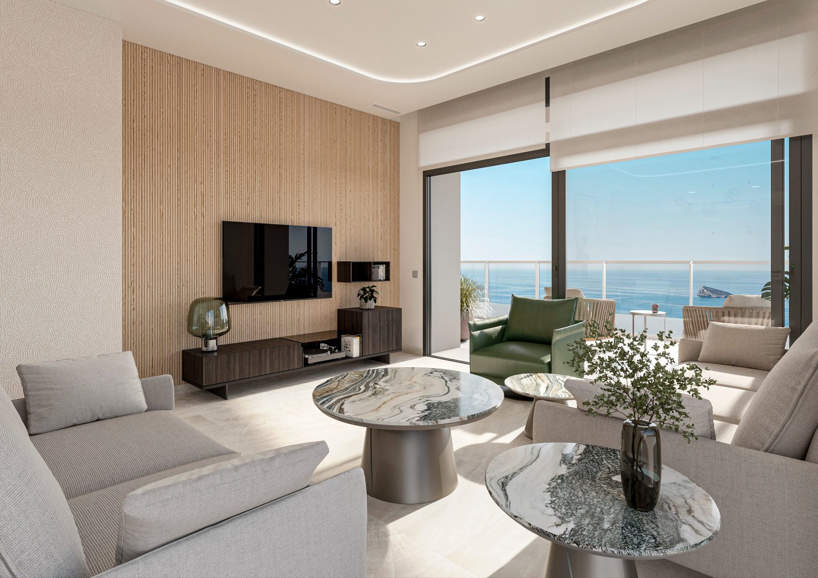 Stylish living room with sea views in a 4-bedroom apartment in Benidorm - The Estates