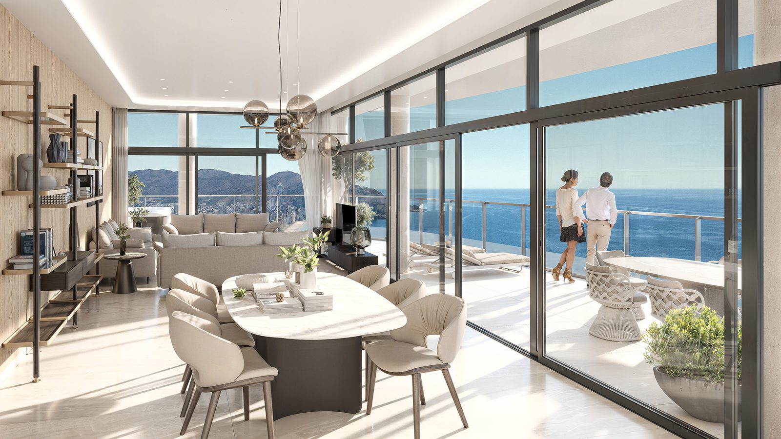 Stylish living room with panoramic sea views in a 4-bedroom apartment in Benidorm - The Estates