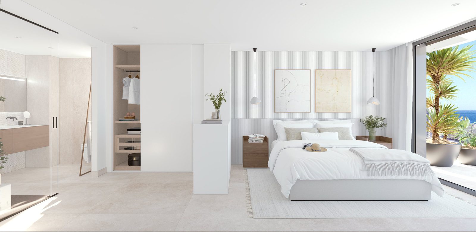 A bright bedroom with a walk-in closet and sea views in a 2-bedroom apartment in Calpe - The Estates