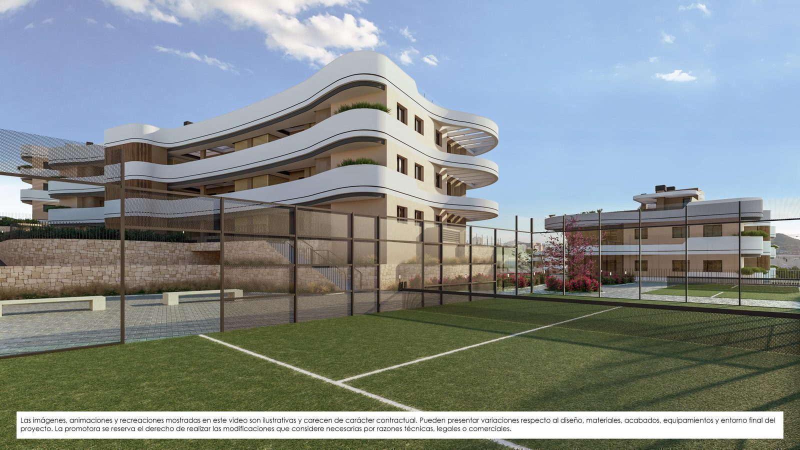 Modern apartment complex with a fenced sports court and landscaped grounds of a 3-bedroom apartment in