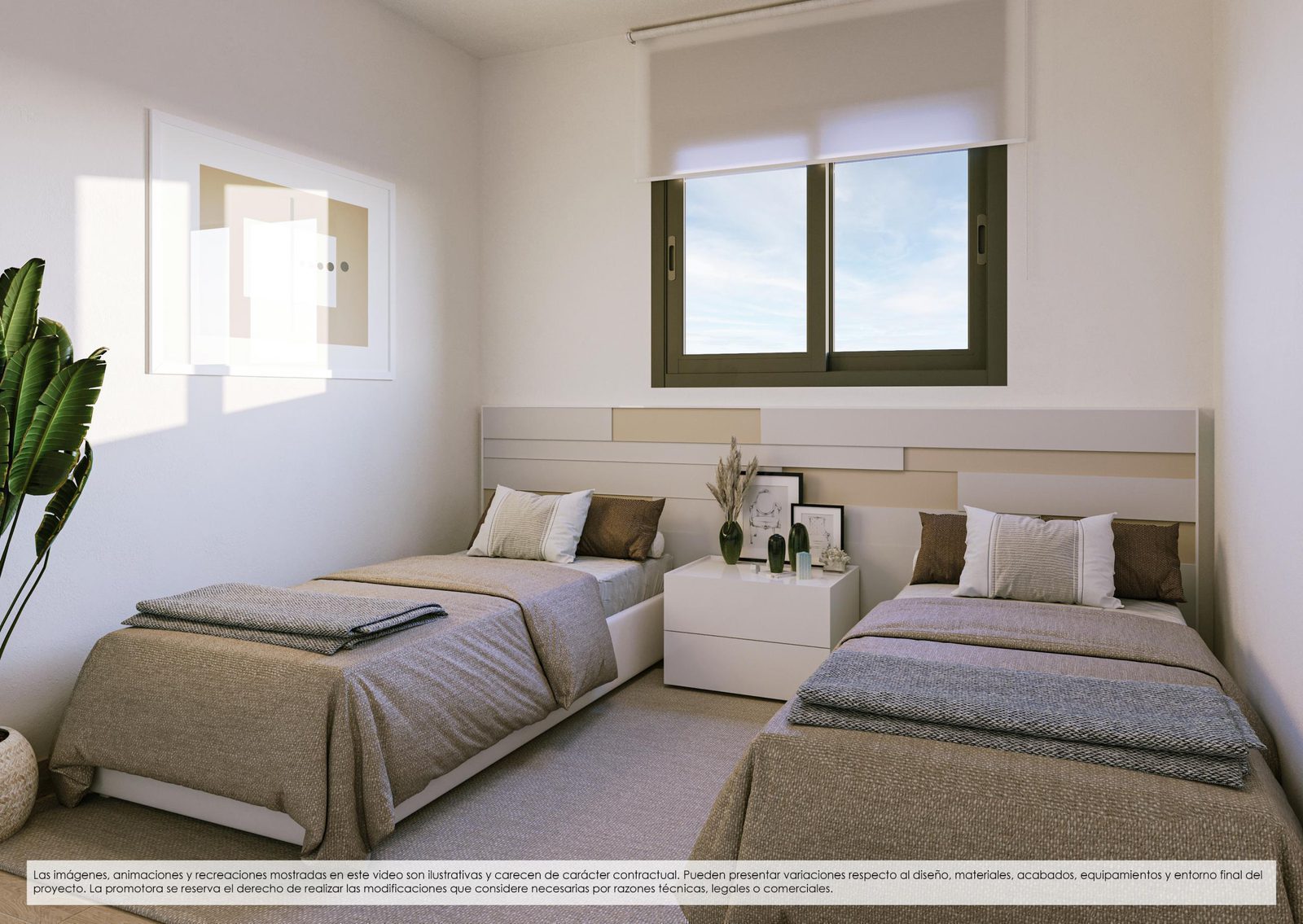 A bright bedroom with twin beds and windows overlooking a garden in a 2-bedroom penthouse in Finestrat - The Estates
