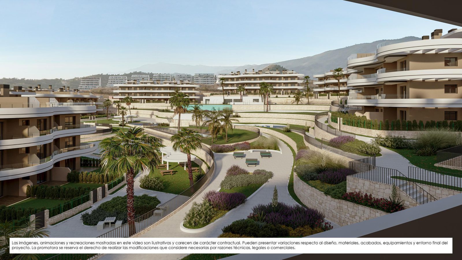 Panoramic view of a modern 2-bedroom penthouse complex with garden views in Finestrat - The Estates
